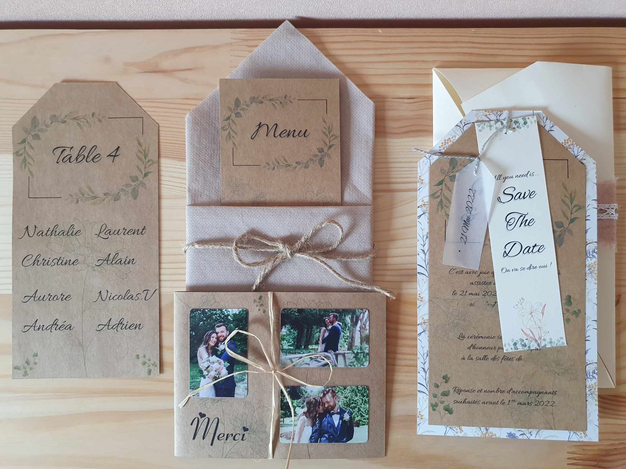 Faire-part, plan de table, menu et carton de remerciement de mariage