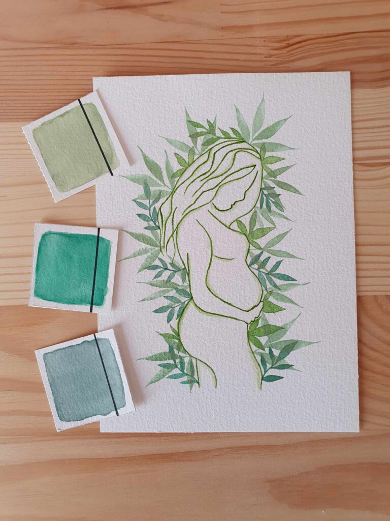 aquarelle femme enceinte avec feuillage