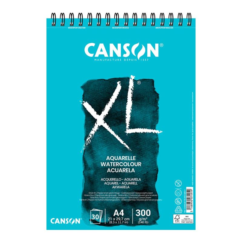 Papier 100% cellulose, Canson XL Aquarelle, 300g, grain fin